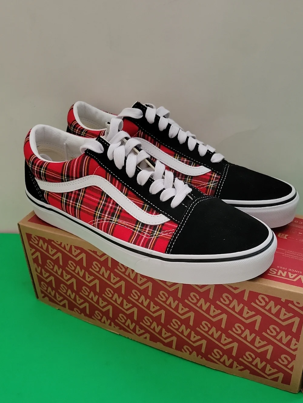 Vans Old Skool Red Plaid with Black Suede Accents